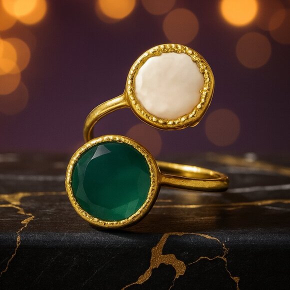 🆕️Turkish Artisan Genuine Emerald & Glass Pearl Adjustable Ring 18K Gold Plated - Picture 1 of 14